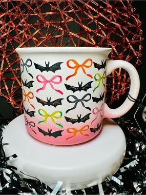 Halloween Pink Ombré Mug Ribbon Bows & Black Vampire Bats Stoneware
